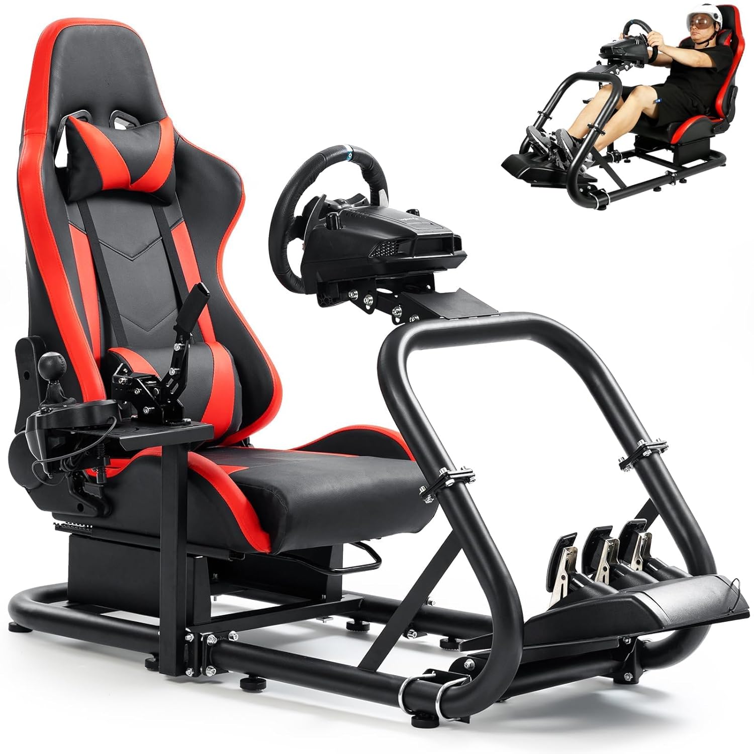 Marada Racing Sim Cockpit with comfortable Seat Fit for Logitech G27 G923 G920,for Thrustmaster, Large Round Tube&Adjustable Professional Driving Race Mount,Wheel Pedal Handbrake Not Included